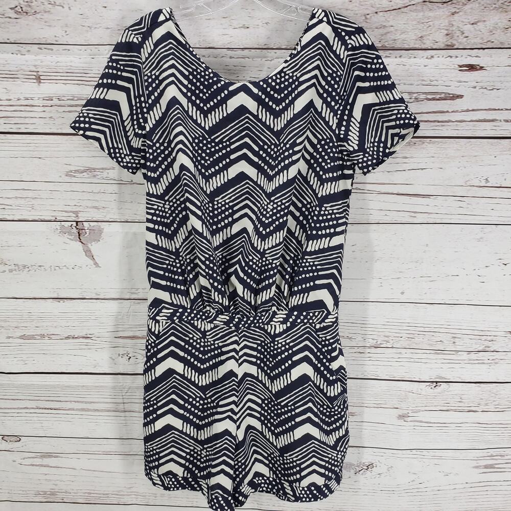 J.Crew Blue Mixed Print Short Sleeve Front Pockets Zip  Romper Size 2